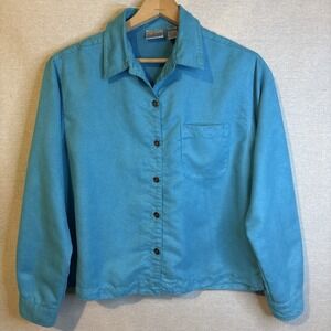 Women's Chico's Turquoise Button Up Top Size 1 Faux Suede Jacket Cover Crop Blue